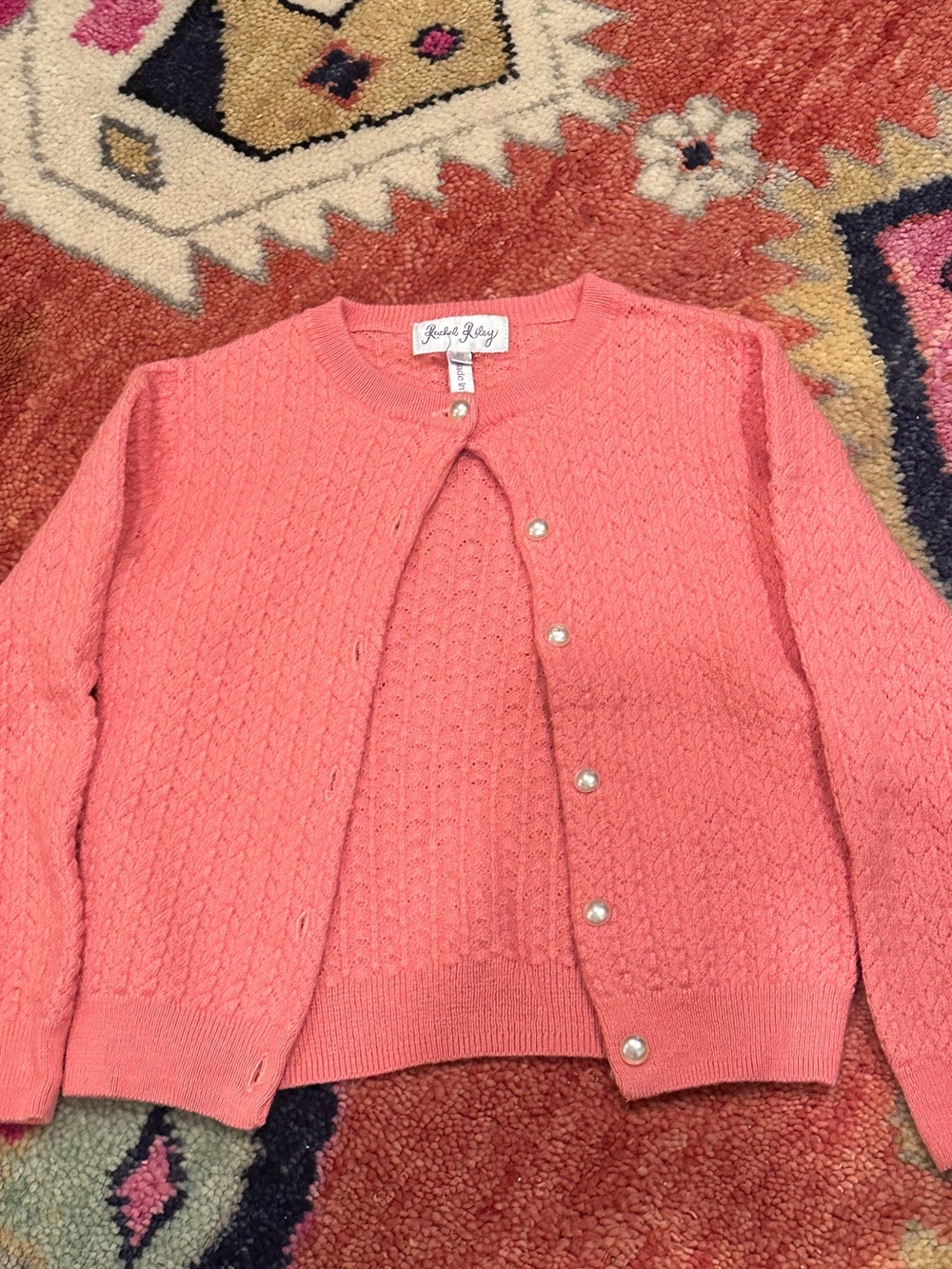 Rachel Riley Coral Pink Cable Knit Pearl-Button Cardigan